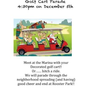 Flyer for the 2026 Sea Gate Christmas Golf Cart Parade, 4:30 PM on December 5th, meeting at the Marina and ending at Rooster Park.