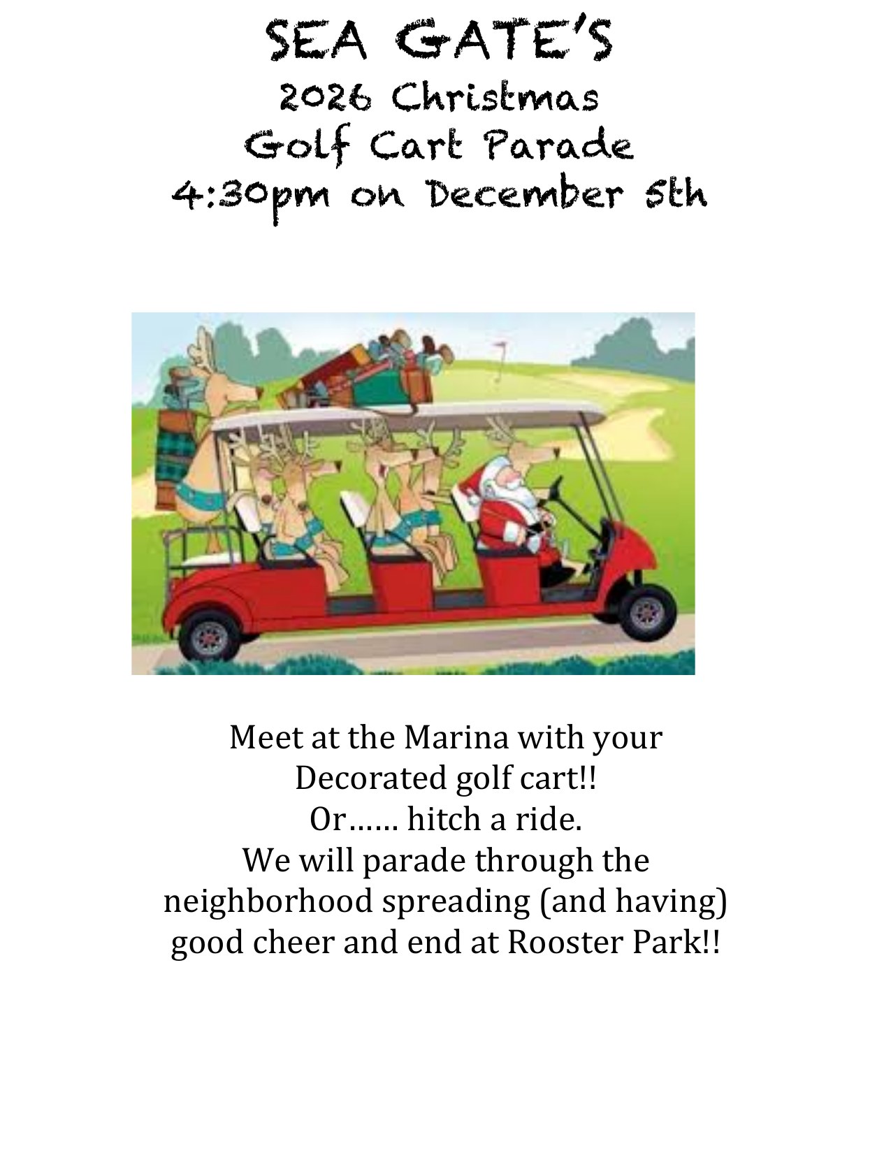 Flyer for the 2026 Sea Gate Christmas Golf Cart Parade, 4:30 PM on December 5th, meeting at the Marina and ending at Rooster Park.