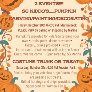 Flyer for Sea Gate Halloween events: Pumpkin Carving/Painting/Decorating on Friday October 30 at 6 PM at the Marina Deck, and Costume Trunk or Treat on Saturday October 31 at 6 PM at Rooster Park.