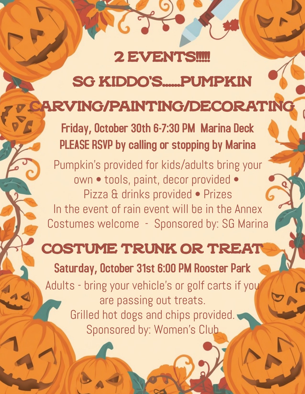 Flyer for Sea Gate Halloween events: Pumpkin Carving/Painting/Decorating on Friday October 30 at 6 PM at the Marina Deck, and Costume Trunk or Treat on Saturday October 31 at 6 PM at Rooster Park.