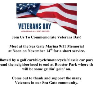 Flyer for the Sea Gate Veterans Day service at the Marina 9/11 Memorial followed by a parade to Rooster Park.
