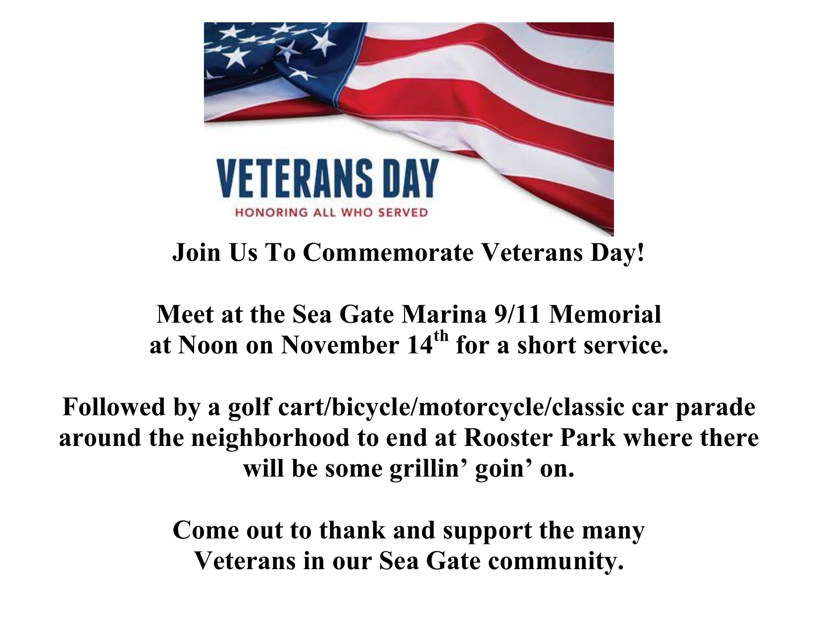 Flyer for the Sea Gate Veterans Day service at the Marina 9/11 Memorial followed by a parade to Rooster Park.